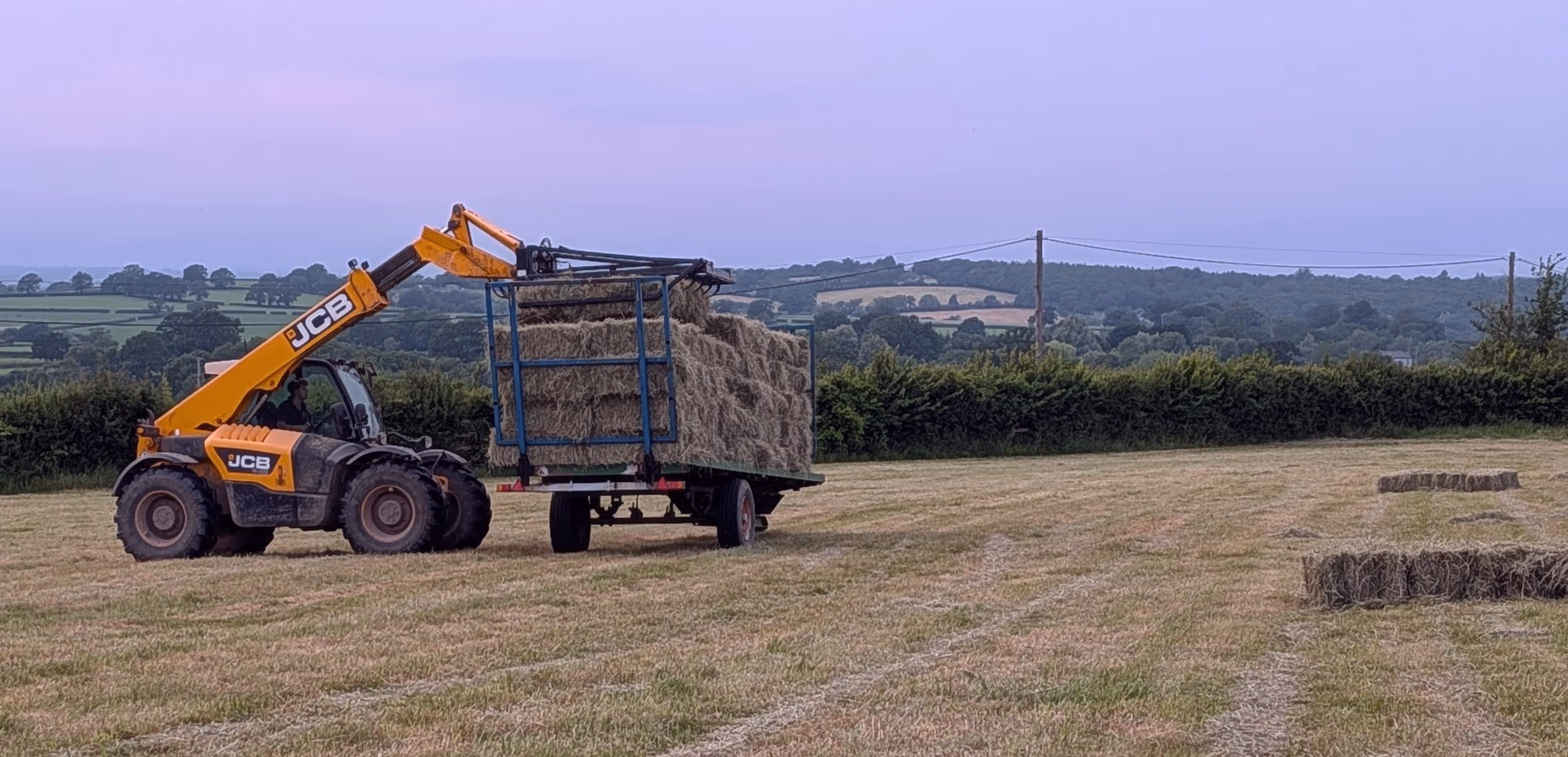 collecting hay bales in a field